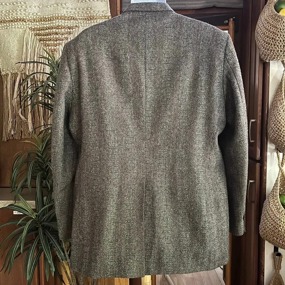 Vintage 90s Haggar Blazer Mens 46R Gray Herringbone USA Wool Tweed Sport Coat